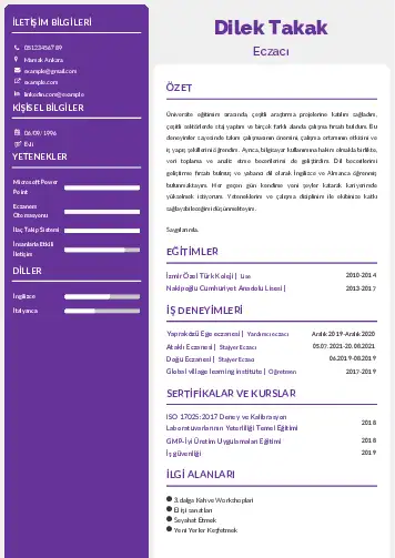 Eczacı CV Örnekleri cv indir